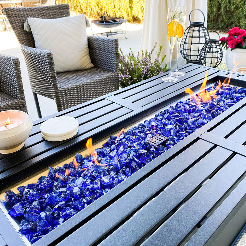 PHI VILLA 50,000 BTU Outdoor Rectangle Metal Gas Fire Pit Table With Lid & Blue Fire Glass