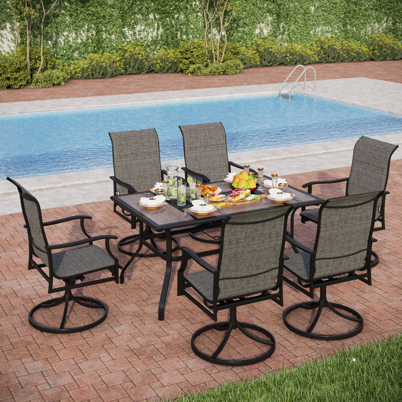 PHI VILLA 7-Piece Metal Outdoor Dining Set Geometric Table and 6 Padded Textilene Swivel Chairs 