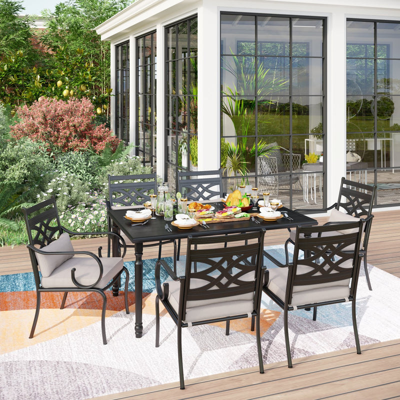 PHI VILLA 7-Piece Outdoor Dining Set 6 Fixed Chairs and Steel Rectangle Table 
