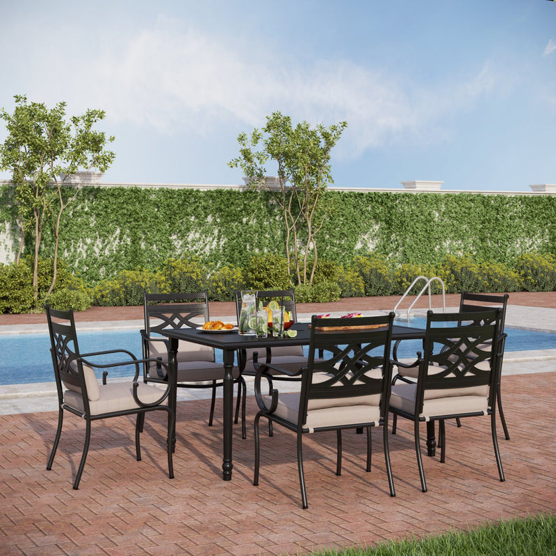 PHI VILLA 7-Piece Outdoor Dining Set 6 Fixed Chairs and Steel Rectangle Table