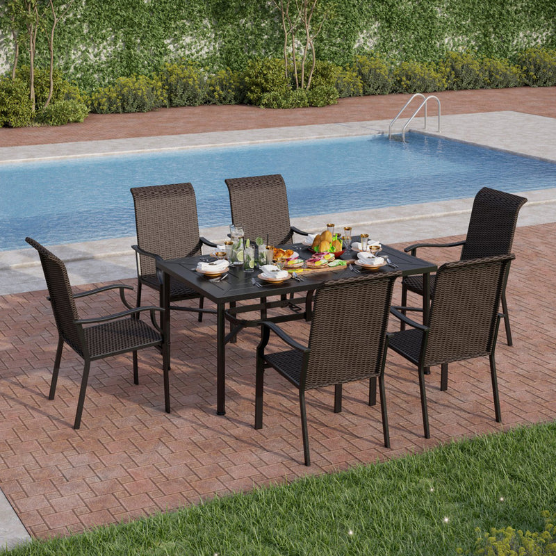 PHI VILLA 7-Piece Outdoor Dining Set 6 Rattan Chairs and Steel Rectangle Table