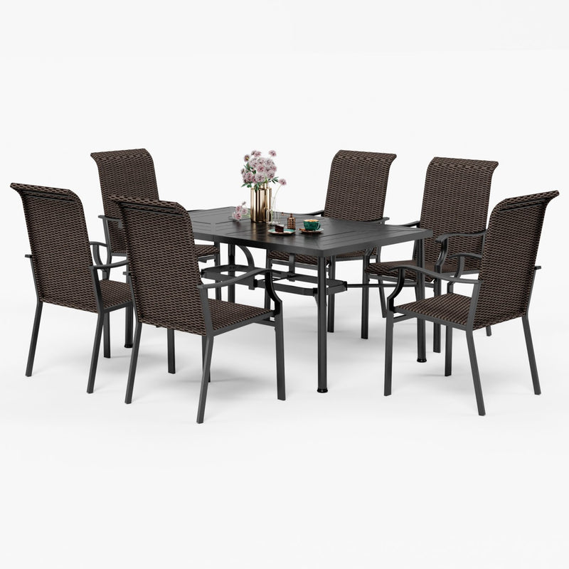 PHI VILLA 7-Piece Outdoor Dining Set 6 Rattan Chairs and Steel Rectangle Table