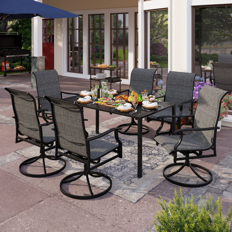 PHI VILLA 7-Piece Outdoor Dining Set 6 Textilene Padded Swivel Chairs and Steel Rectangle Table