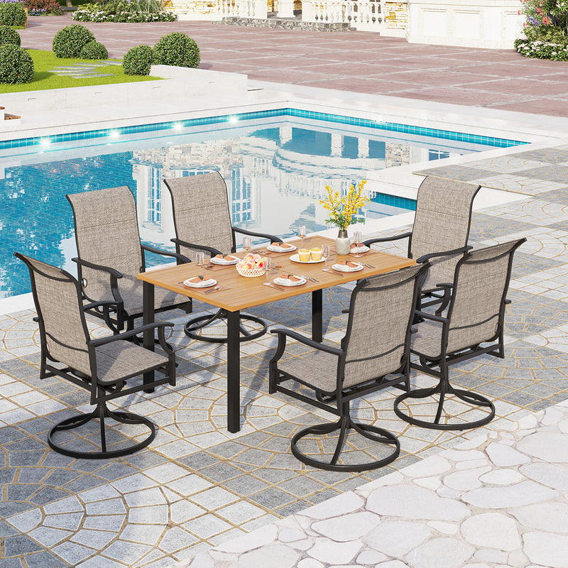 PHI VILLA 7-Piece Outdoor Dining Set 6 Textilene Padded Swivel Chairs and Steel Rectangle Table