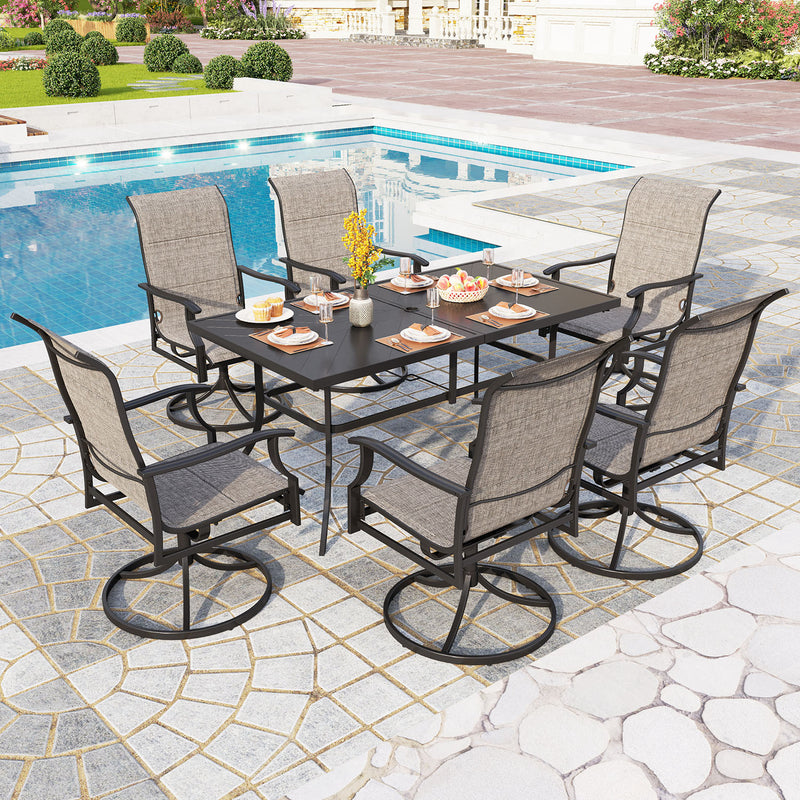 PHI VILLA 7-Piece Outdoor Dining Set 6 Textilene Padded Swivel Chairs and Steel Rectangle Table