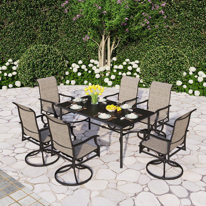 PHI VILLA 7-Piece Outdoor Dining Set 6 Textilene Padded Swivel Chairs and Steel Rectangle Table