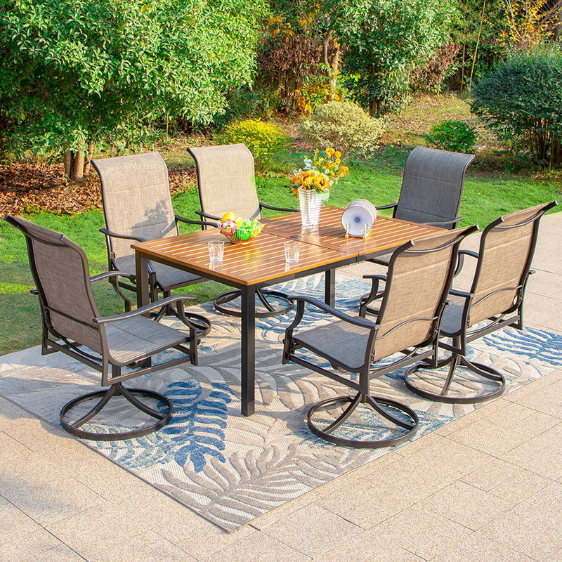 PHI VILLA 7-Piece Outdoor Dining Set 6 Textilene Padded Swivel Chairs and Steel Rectangle Table