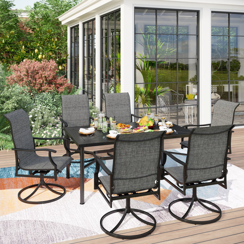 PHI VILLA 7-Piece Outdoor Dining Set 6 Textilene Padded Swivel Chairs and Steel Rectangle Table