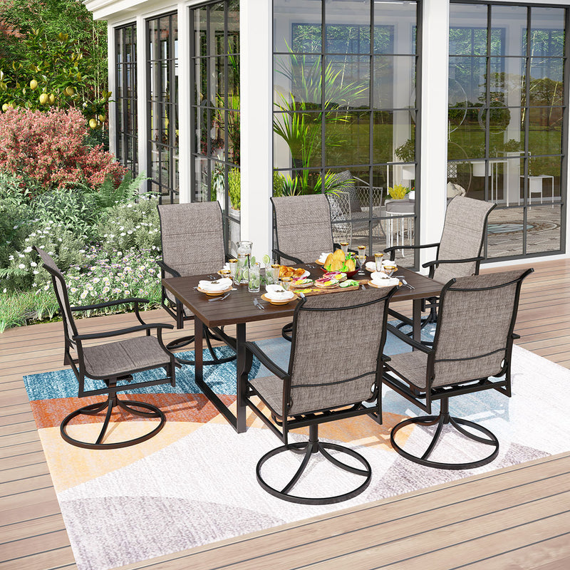 PHI VILLA 7-Piece Outdoor Dining Set 6 Textilene Padded Swivel Chairs and Steel Rectangle Table