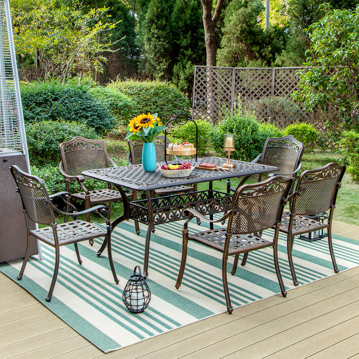 PHI VILLA 7-Piece Outdoor Dining Set With Cast Aluminum Golden