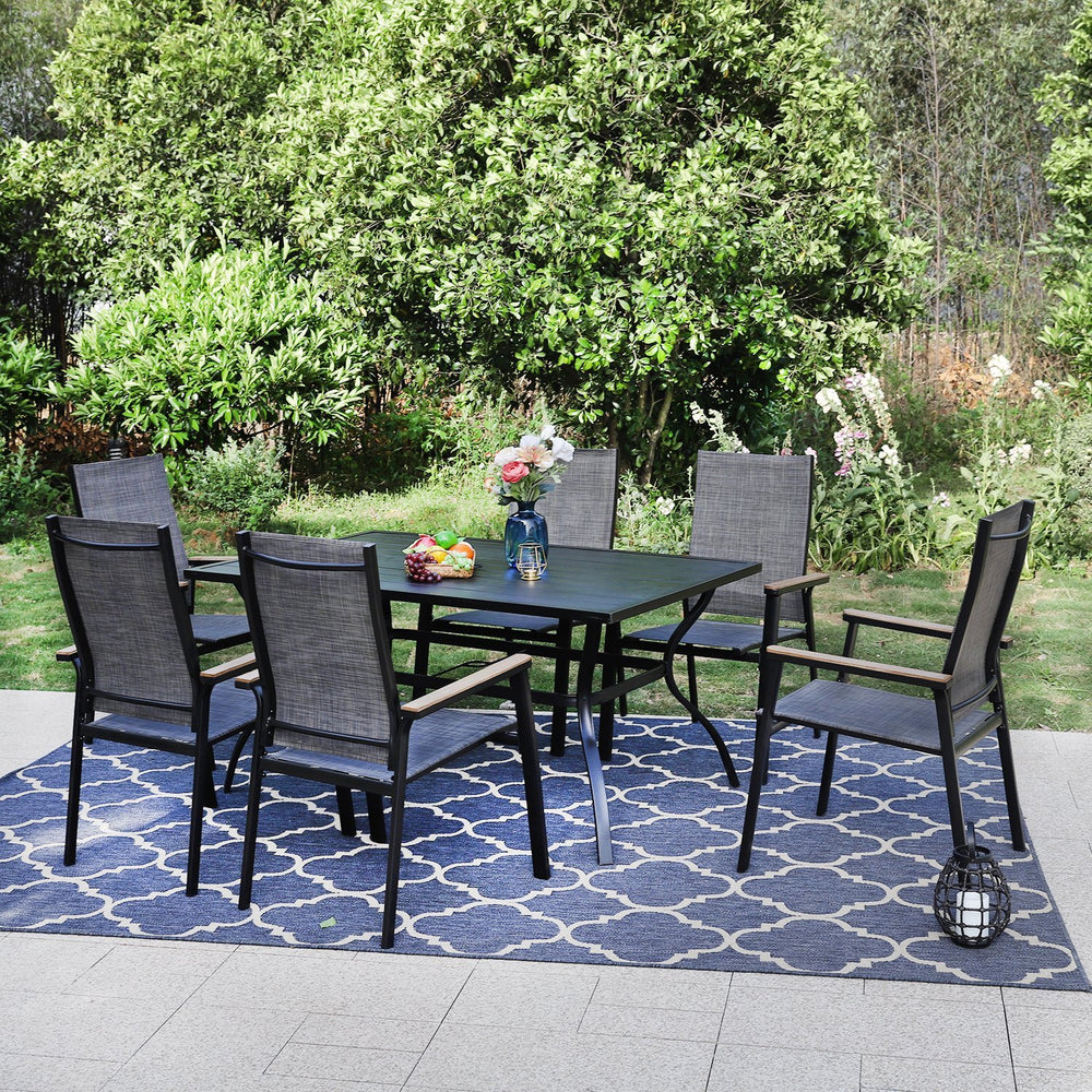 PHI VILLA 7-Piece Outdoor Dining Set with Rectangle Steel Table & 6 Textilene Dining Chairs