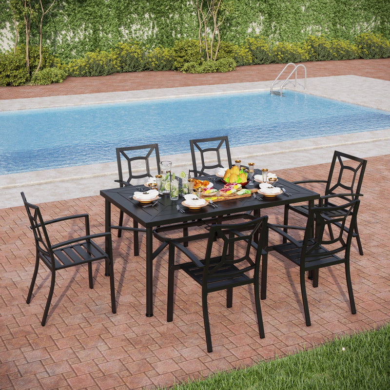 PHI VILLA 7-Piece Outdoor Patio Dining Set 6 Stackable Chairs and Rectangle Table