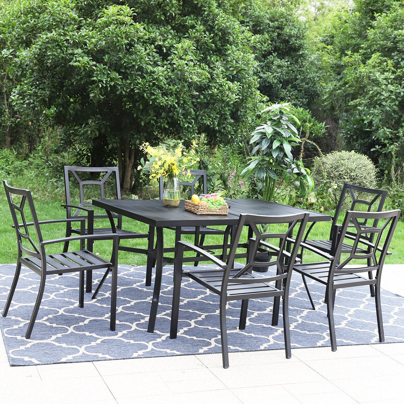 PHI VILLA 7-Piece Outdoor Patio Dining Set With Steel Panel Table and 6 Stackable Chairs