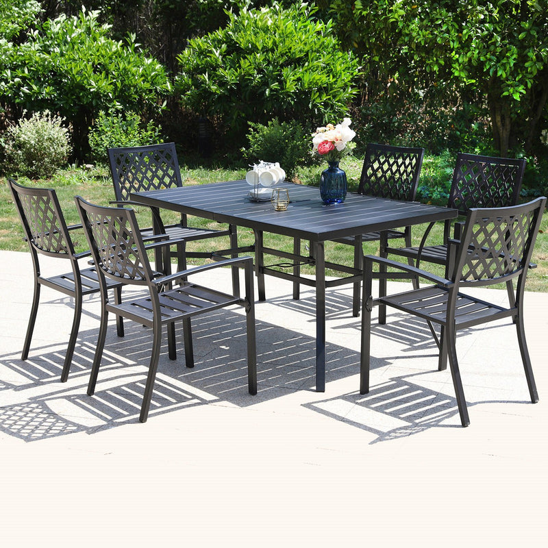 PHI VILLA 7-Piece Outdoor Patio Dining Set With Steel Panel Table and 6 Stackable Chairs