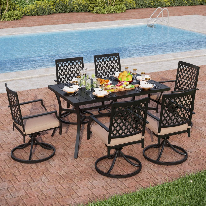 PHI VILLA 7-Piece Outdoor Patio Dining Set With Steel Panel Table and 6 Swivel Chairs