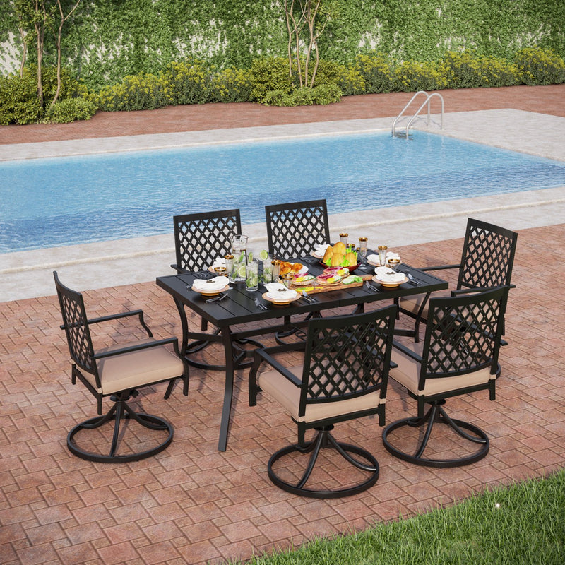 PHI VILLA 7-Piece Outdoor Patio Dining Set With Steel Panel Table and 6 Swivel Chairs