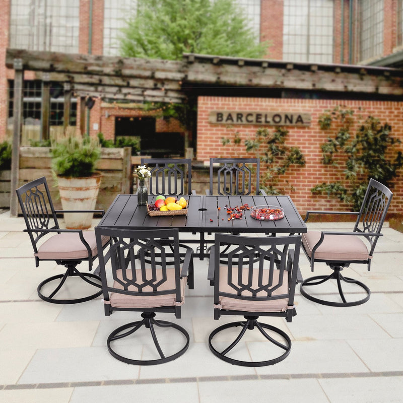 PHI VILLA 7-Piece Outdoor Patio Dining Set With Steel Panel Table and 6 Swivel Chairs