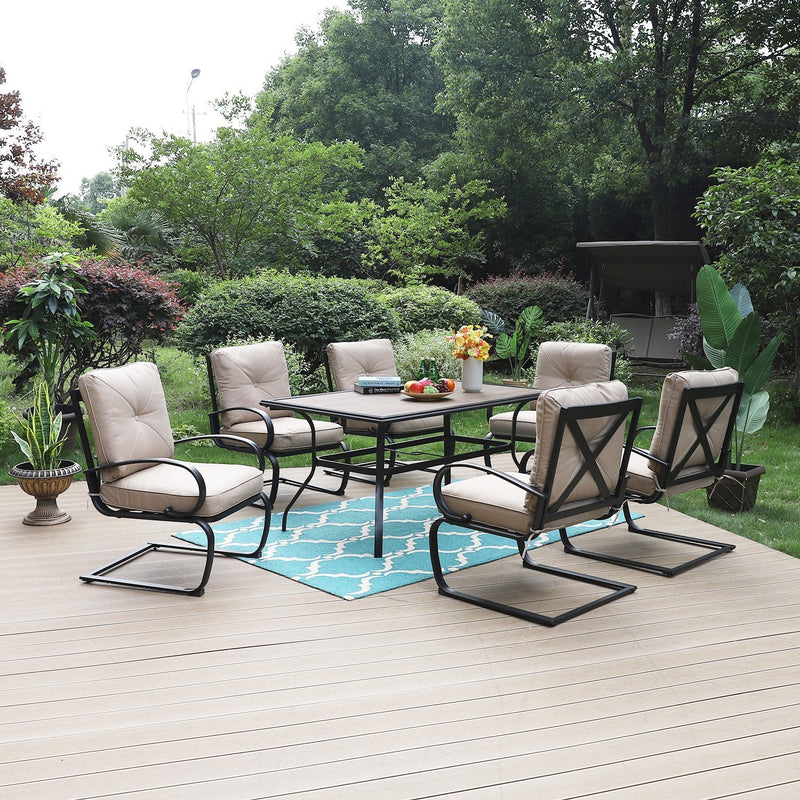PHI VILLA 7-Piece Outdoor Dining Set With Steel Panel Table & 6 C-Spring Chairs 