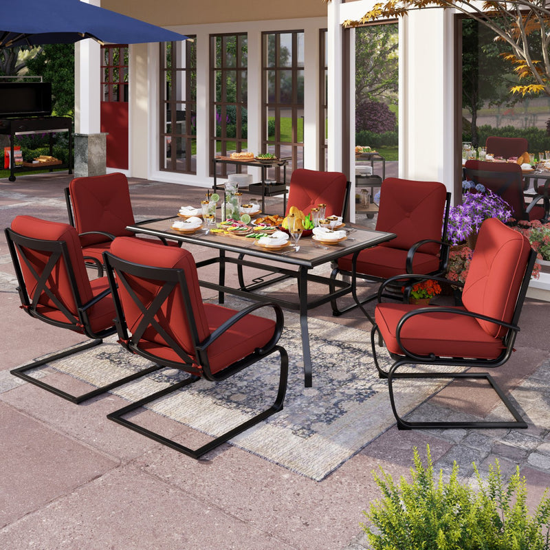PHI VILLA 7-Piece Patio Dining Set With 6 C-Spring Chairs & Steel Rectangle Table 