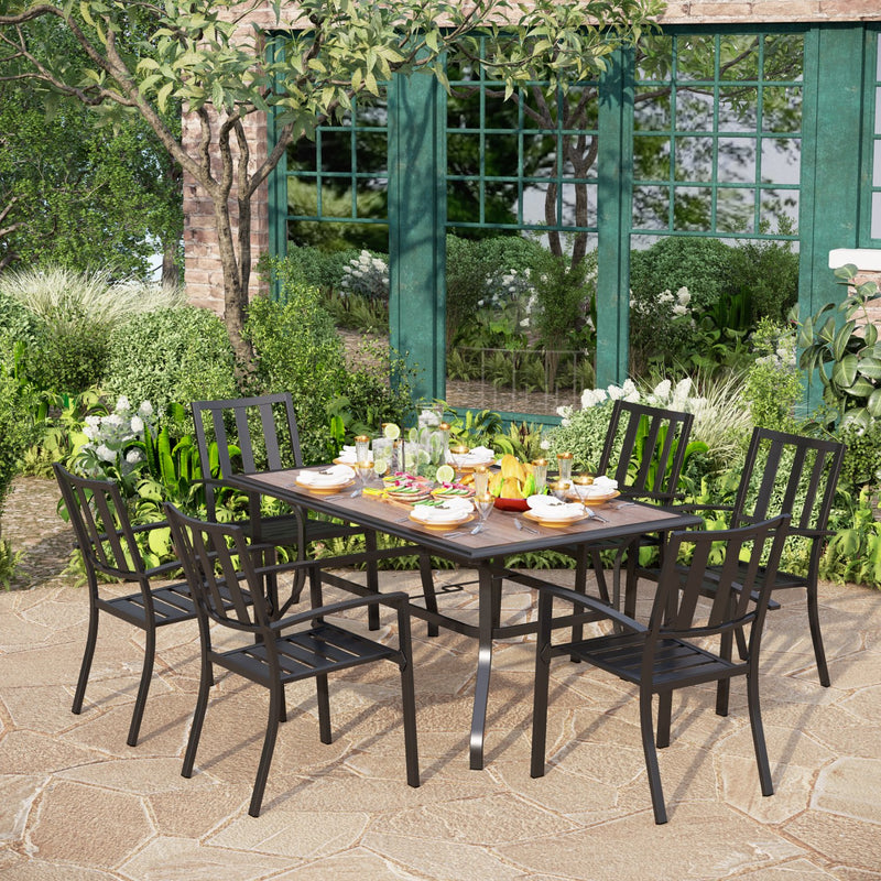 PHI VILLA 7-Piece Outdoor Patio Dining Set with Wood-look Table and 6 Stackable Metal Steel Chairs