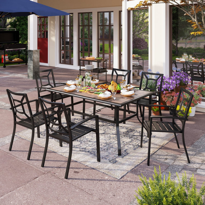 PHI VILLA 7-Piece Outdoor Patio Dining Set with Wood-look Table and 6 Stackable Metal Steel Chairs