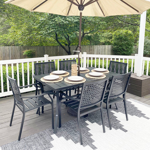Phi Villa 7-Piece Patio Dining Set 6 Fixed Stackable Chairs & Steel Rectangle Table