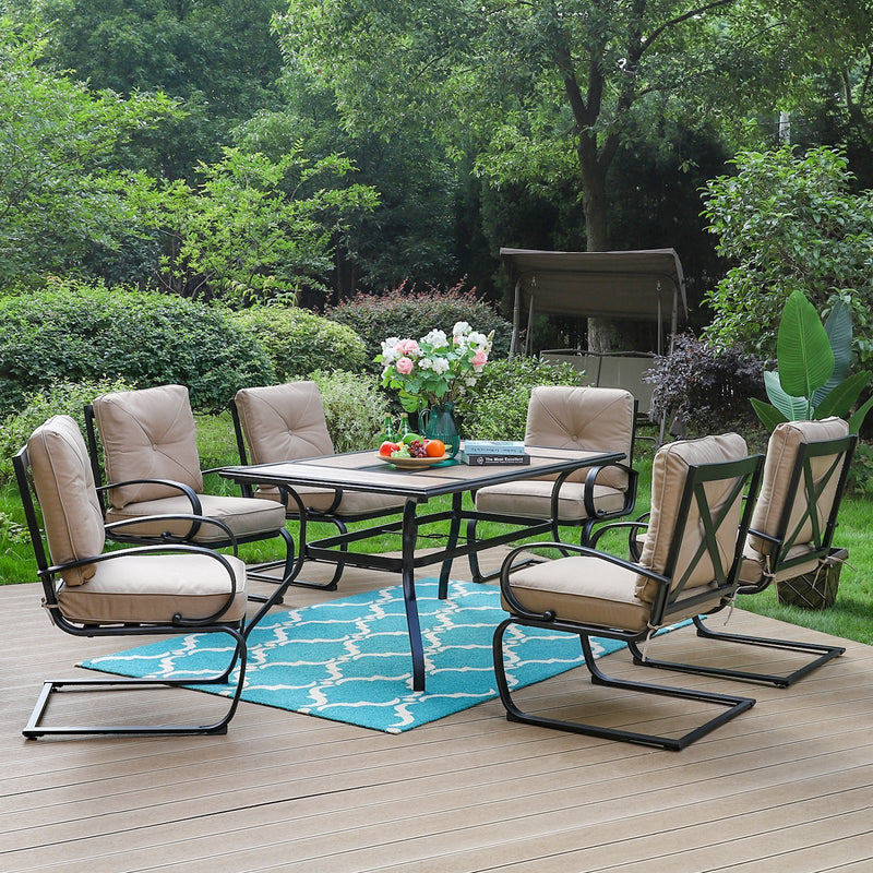 PHI VILLA 7-Piece Outdoor Dining Set With Steel Panel Table & 6 C-Spring Chairs 