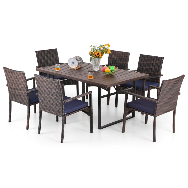 PHI VILLA 7-Piece Patio Dining Set 6 Ratta Haiti Chairs and Steel Rectangle Table