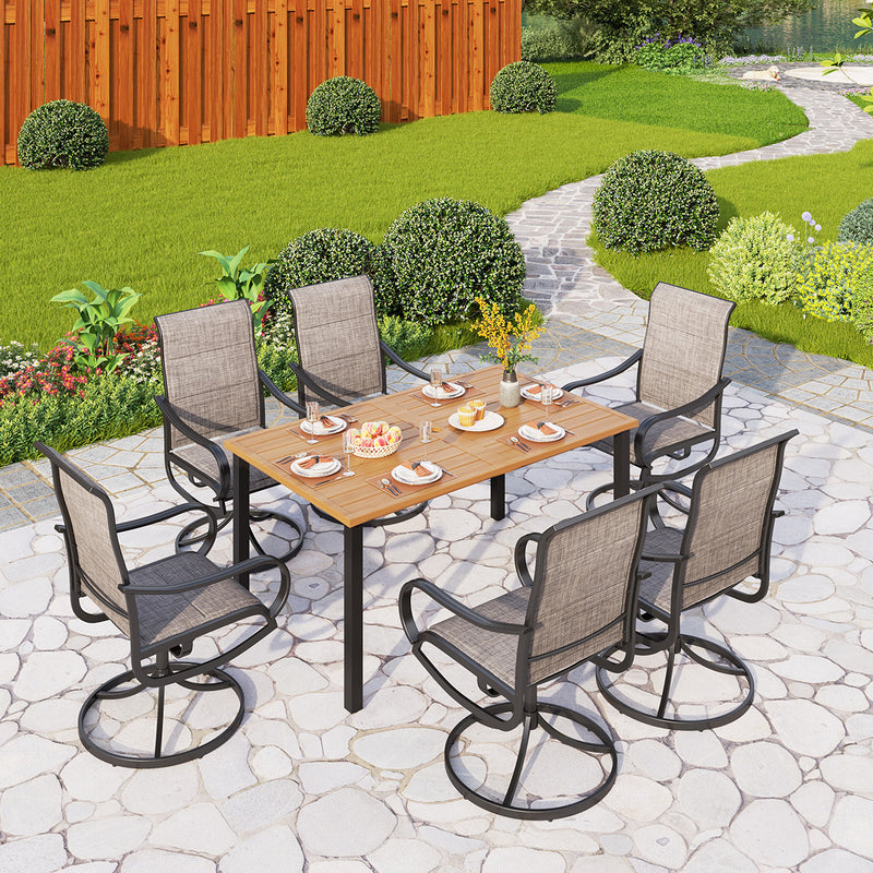 PHI VILLA 7-Piece Patio Dining Set 6 Textilene Padded Swivel Chairs and Steel Rectangle Table