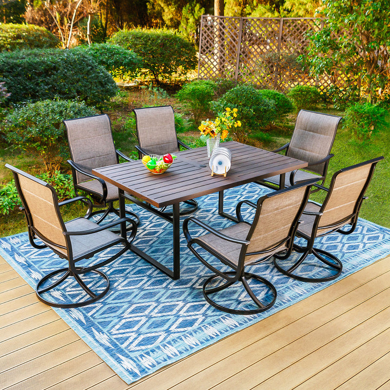 PHI VILLA 7-Piece Patio Dining Set 6 Textilene Padded Swivel Chairs and Steel Rectangle Table