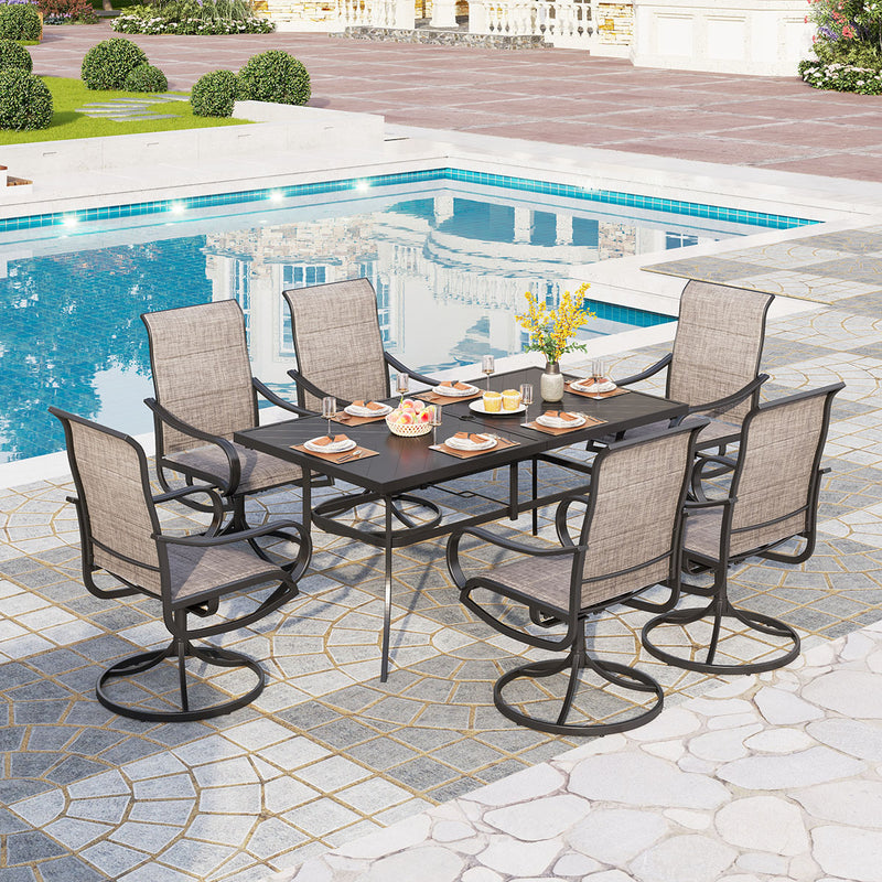 PHI VILLA 7-Piece Patio Dining Set 6 Textilene Padded Swivel Chairs and Steel Rectangle Table