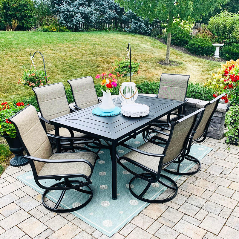 PHI VILLA 7-Piece Patio Dining Set 6 Textilene Padded Swivel Chairs and Steel Rectangle Table