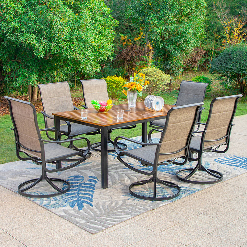 PHI VILLA 7-Piece Patio Dining Set 6 Textilene Padded Swivel Chairs and Steel Rectangle Table