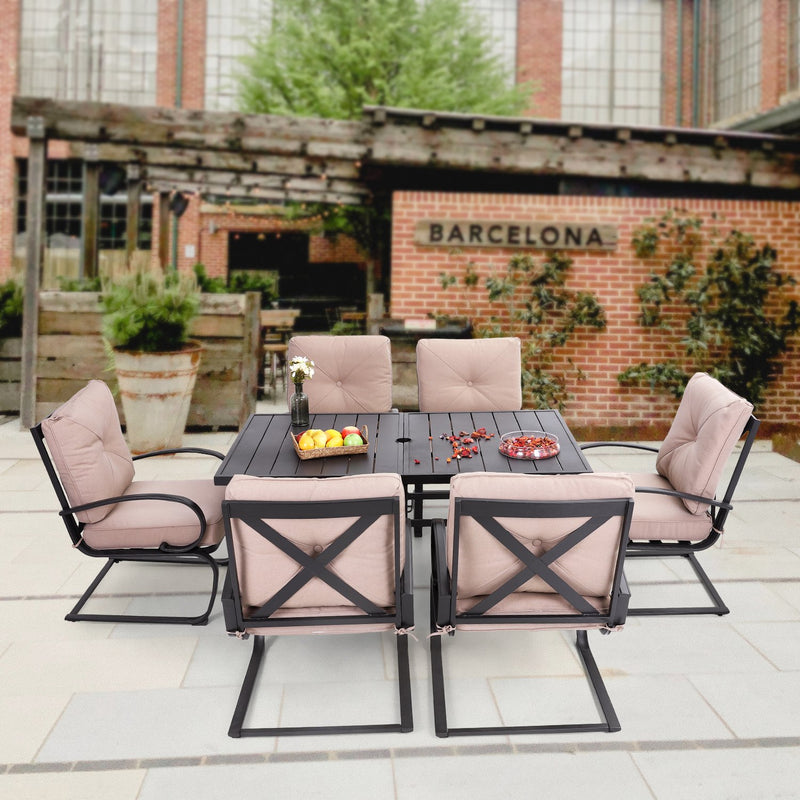 PHI VILLA 7-Piece Outdoor Dining Set With Steel Panel Table & 6 C-Spring Chairs