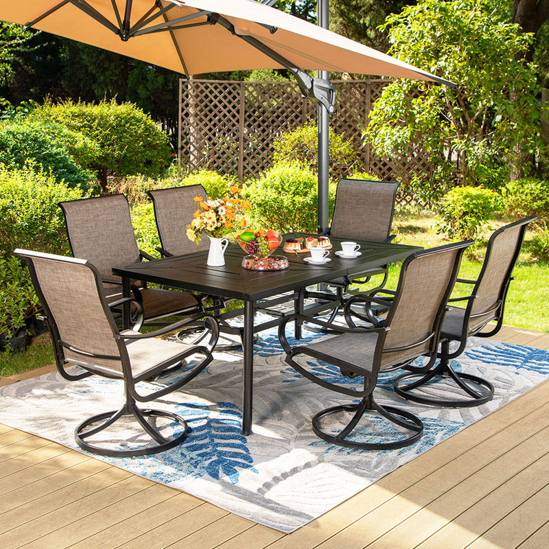 PHI VILLA  7-Piece Outdoor Dining Set Steel Rectangle Table & Textilene Swivel Chairs