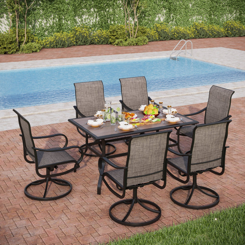 PHI VILLA  7-Piece Outdoor Dining Set Steel Rectangle Table & Textilene Swivel Chairs