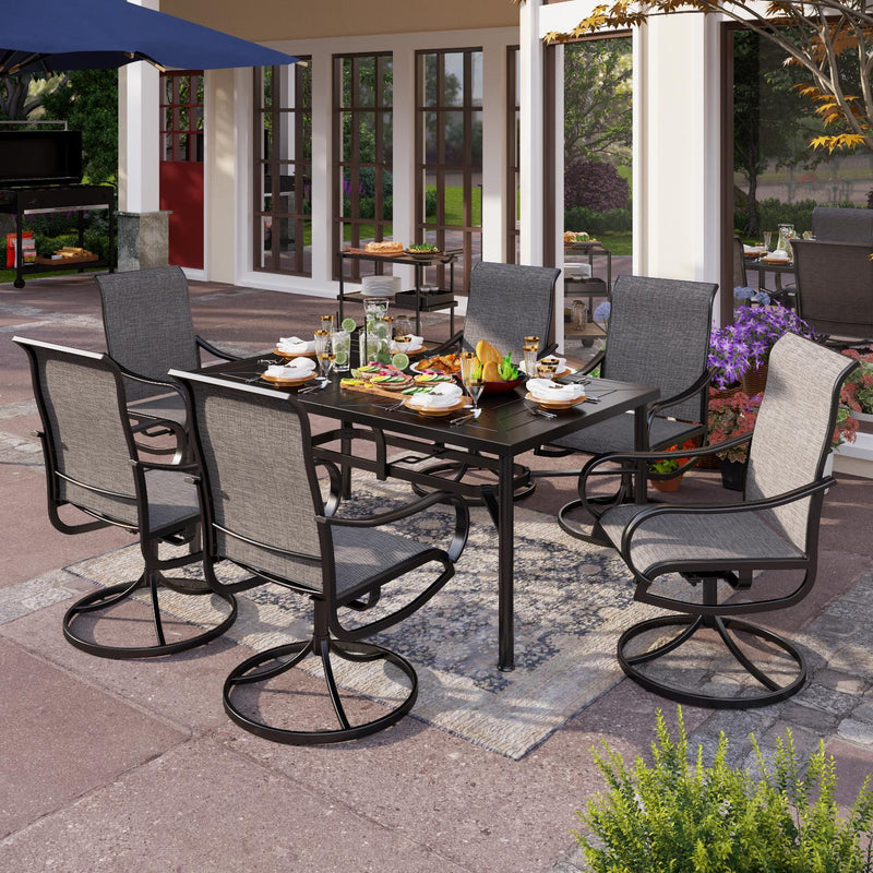 PHI VILLA 7-Piece Outdoor Dining Set Steel Rectangle Table & Textilene Swivel Chairs