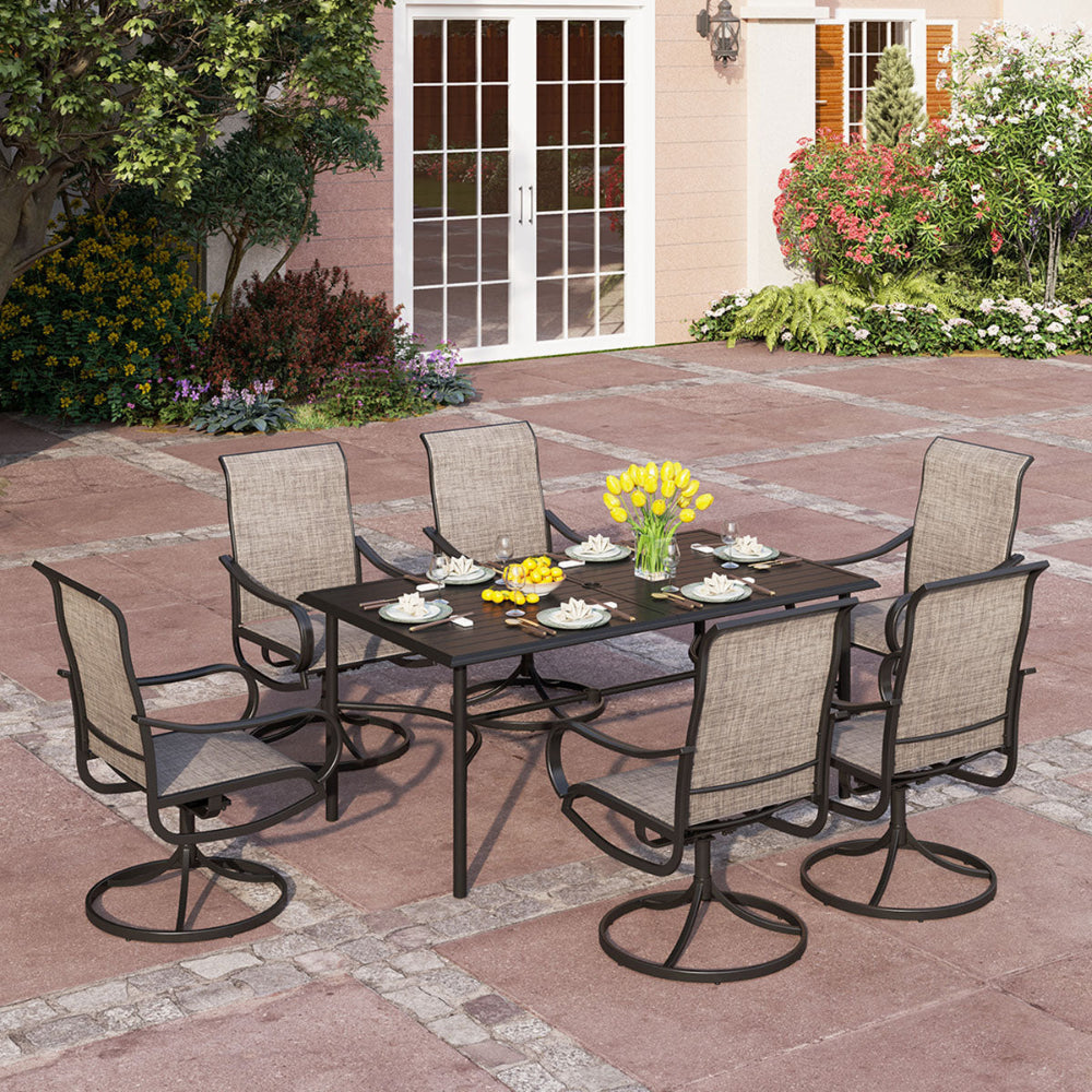 PHI VILLA 7-Piece Patio Dining Set Textilene Swivel Chairs & Steel Rectangle Table