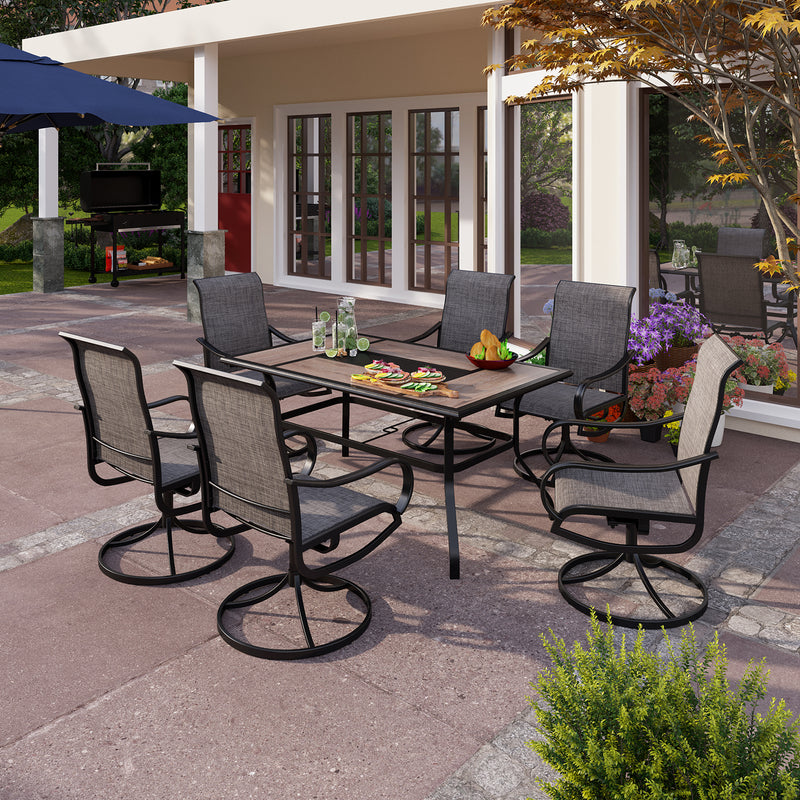 PHI VILLA  7-Piece Outdoor Dining Set Steel Rectangle Table & Textilene Swivel Chairs