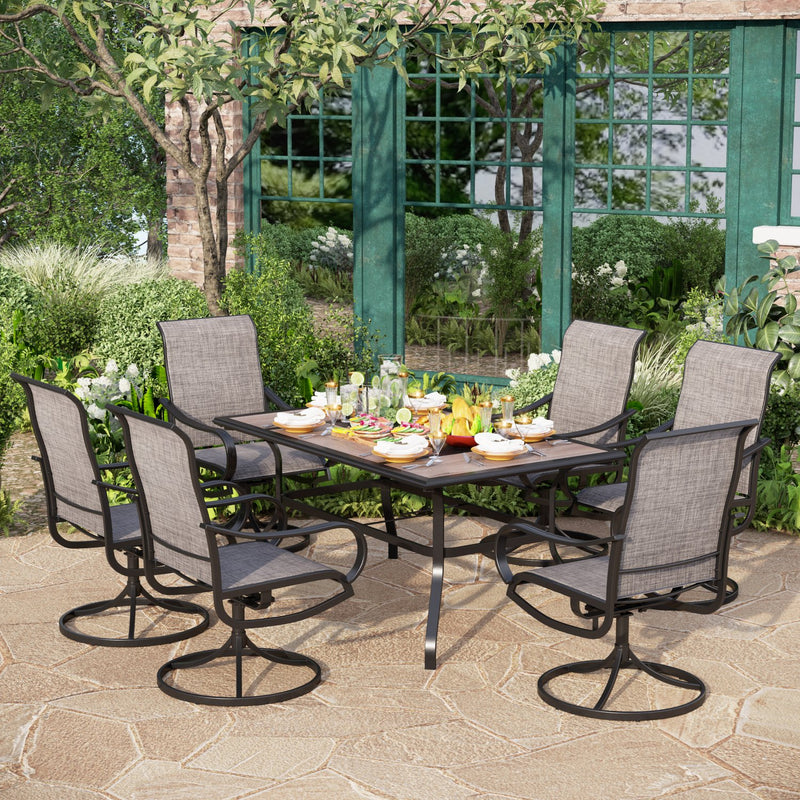 PHI VILLA 7-Piece Outdoor Dining Set Steel Rectangle Table & Textilene Swivel Chairs 