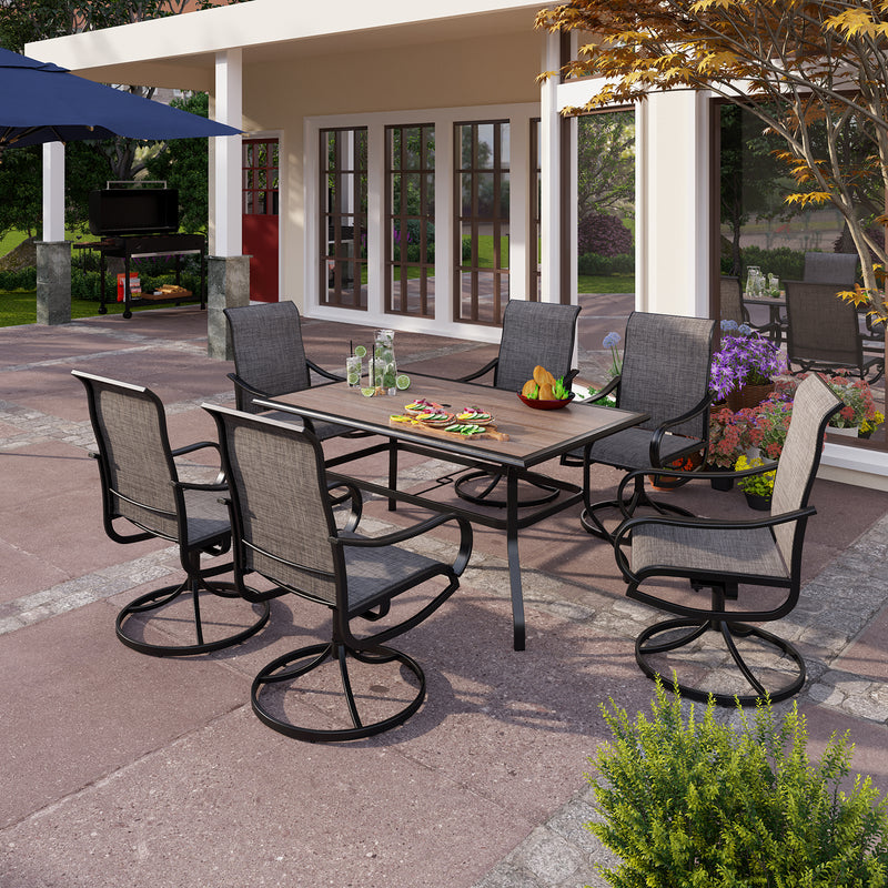 PHI VILLA  7-Piece Outdoor Dining Set Steel Rectangle Table & Textilene Swivel Chairs