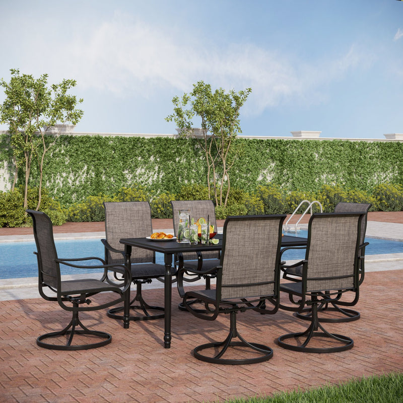 PHI VILLA  7-Piece Outdoor Dining Set Steel Rectangle Table & Textilene Swivel Chairs