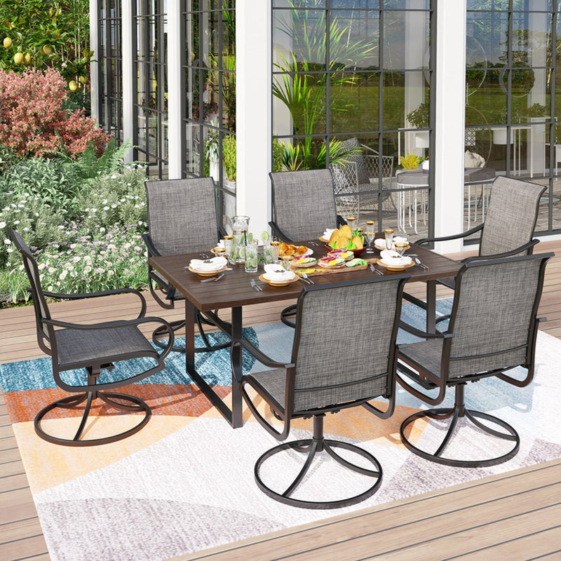 PHI VILLA 7-Piece Patio Dining Set Textilene Swivel Chairs & Steel Rectangle Table