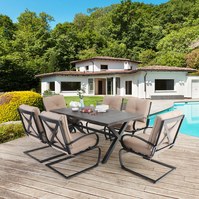 PHI VILLA 7-Piece Outdoor Dining Set With Steel Panel Table & 6 C-Spring Chairs 