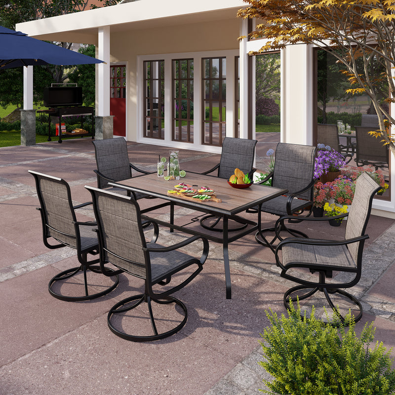 PHI VILLA 7-Piece Patio Dining Set With Wood-look Table and 6 Padded Textilene Swivel Chairs