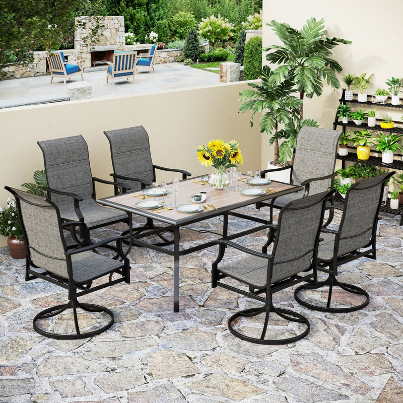 PHI VILLA 7-Piece Patio Dining Set With Wood-look Table and 6 Padded Textilene Swivel Chairs