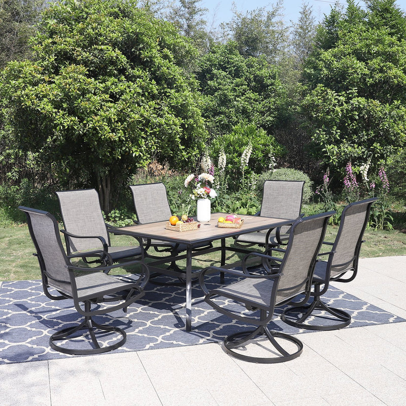 PHI VILLA  7-Piece Patio Dining Set Steel Rectangle Table & Textilene Swivel Chairs