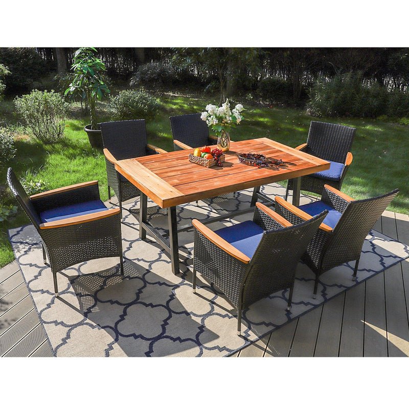 PHI VILLA 7-Piece Outdoor Dining Set with 6 Rattan Chairs & Acacia Wooden Table