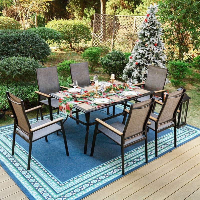 PHI VILLA 7-Piece Outdoor Dining Set with Rectangle Steel Table & 6 Textilene Dining Chairs