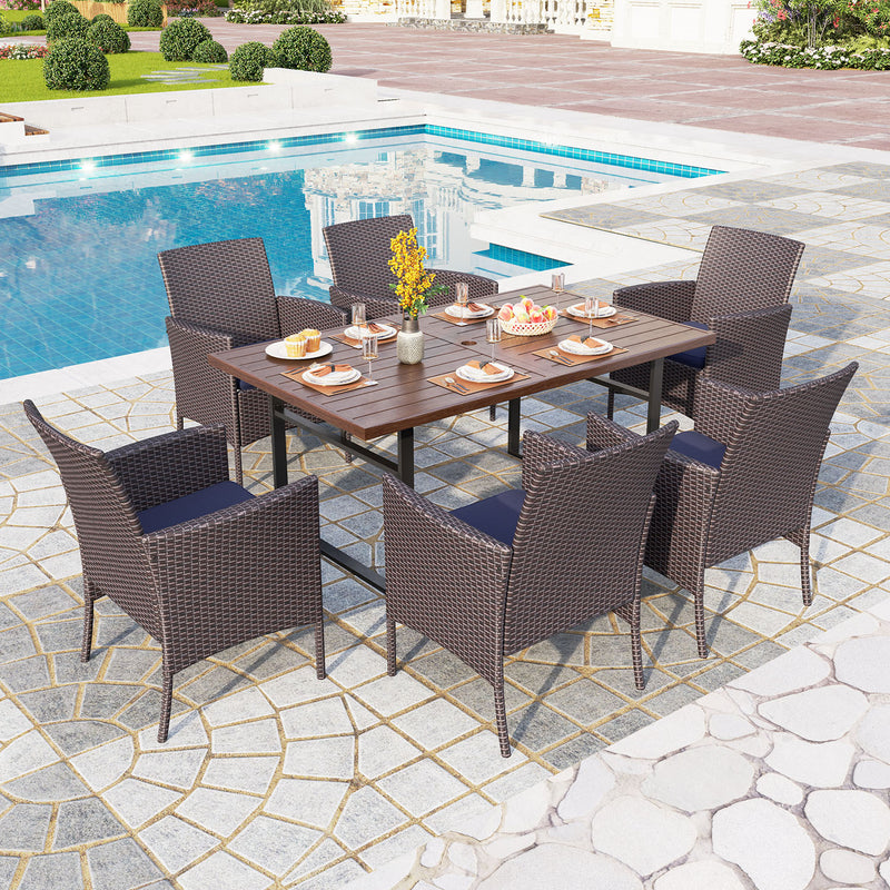 PHI VILLA 7-Piece Patio Dining Set with Steel Rectangle Table & 6 Rattan Crescent Chairs